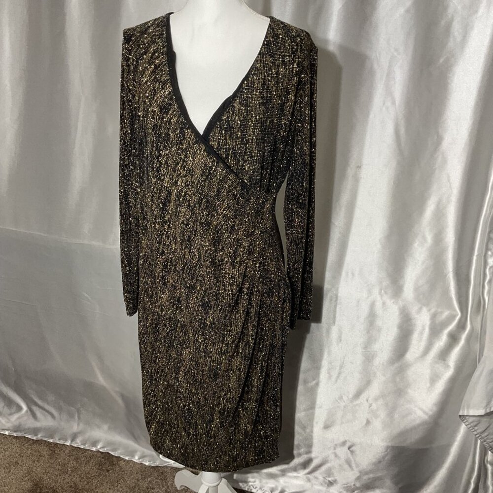 Calvin Klein Metallic Gold & Black Long Sleeve V-Neck Faux Wrap Dress Size 16